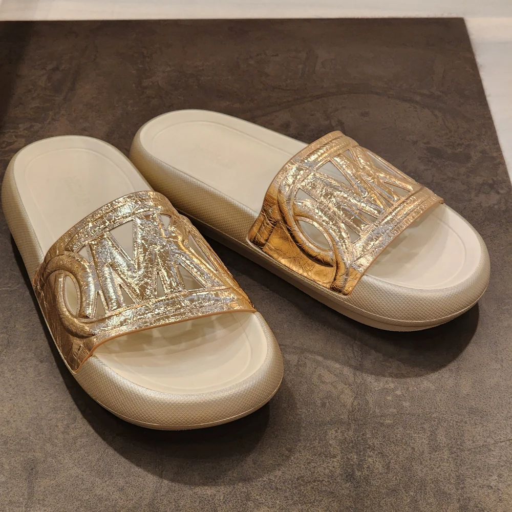 MICHAEL Michael Kors Splash Metallic Pale Gold Leather Slide Sandal Size 9 - Picture 11 of 11